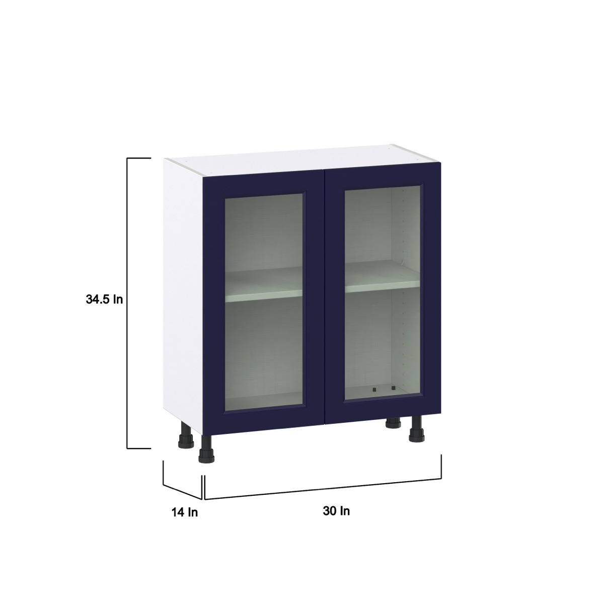 30 in. W x 14 in. D x 34.5 in. H Devon Painted Blue Shaker Assembled Shallow Base Kitchen Cabinet with Glass Doors