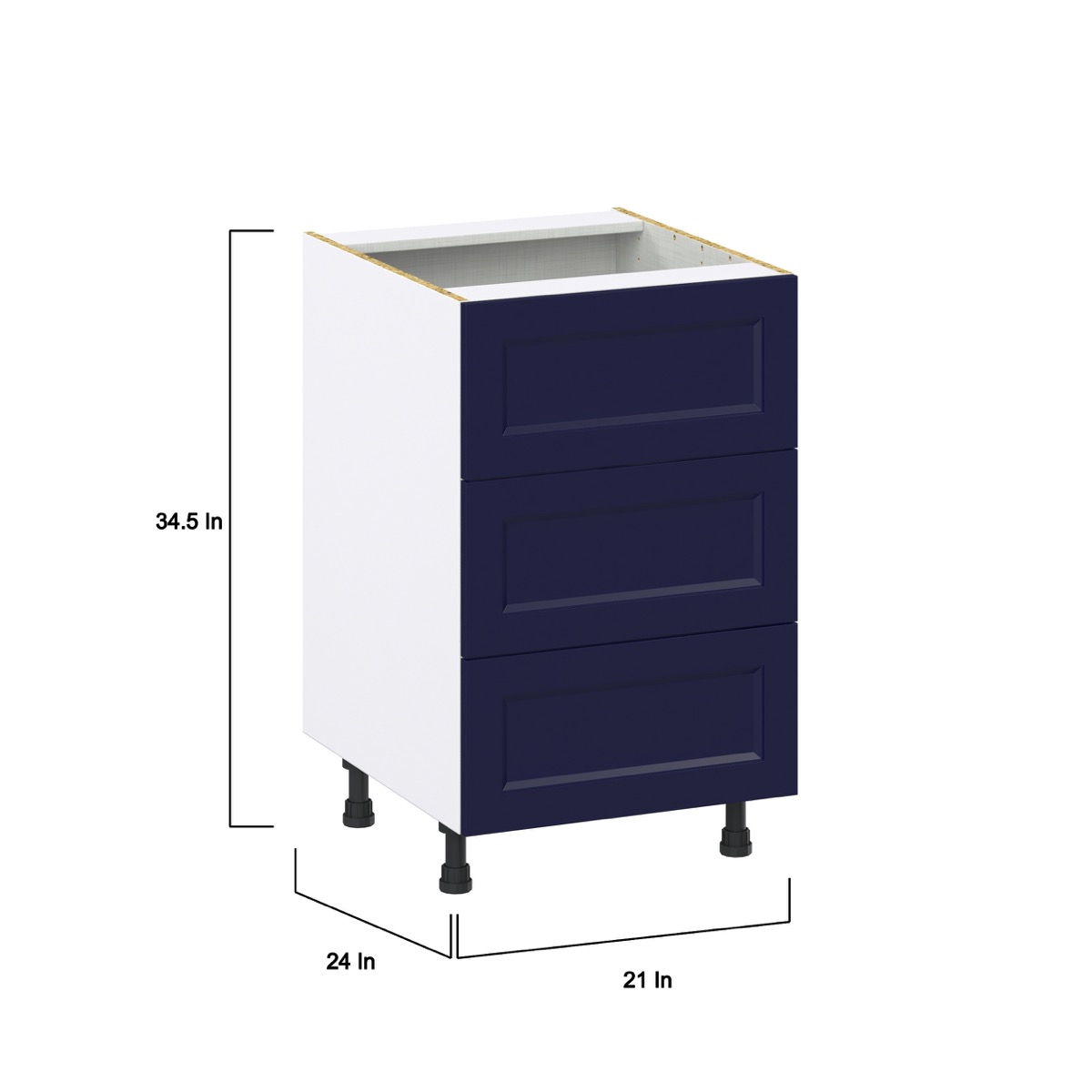 21 in. W x 24 in. D x 34.5 in. H Devon Painted Blue Shaker Assembled Base Kitchen Cabinet with 3 Even Drawers