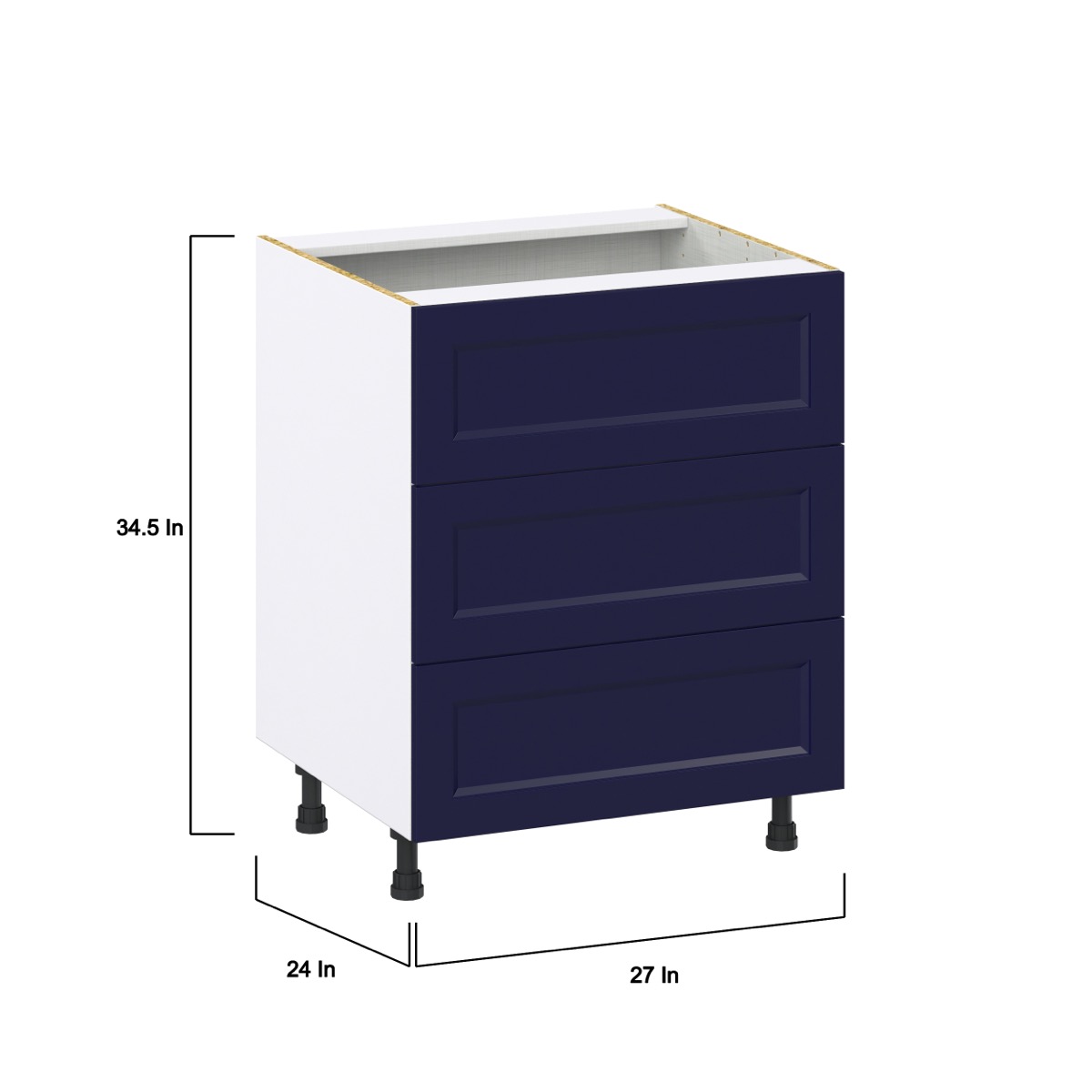 27 in. W x 24 in. D x 34.5 in. H Devon Painted Blue Shaker Assembled Base Kitchen Cabinet with 3 Even Drawers
