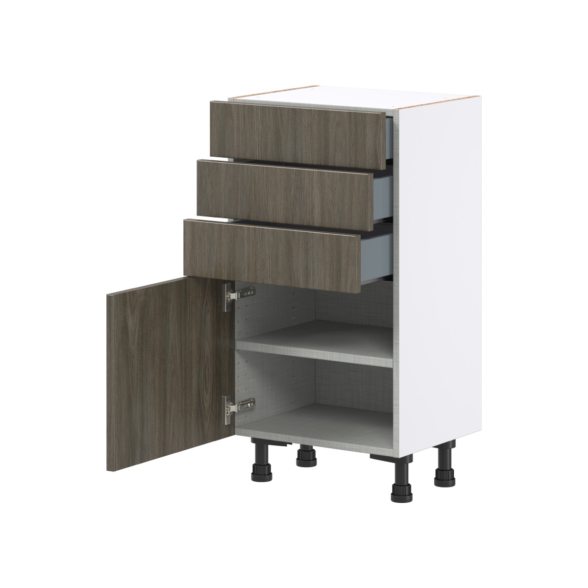 J COLLECTION 18 in. W x 14 in. D x 34.5 in. H Medora Textured Slab Walnut Assembled Shallow Base Kitchen Cabinet with 3 Drawers