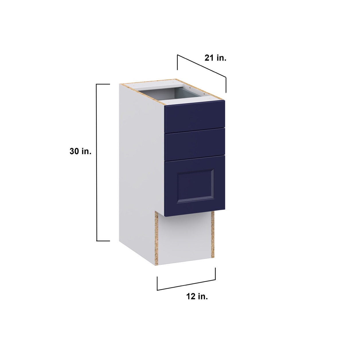 Devon Painted Blue Recessed Assembled 12 in.W x 30 in. H x 21 in.D Vanity ADA 3 Drawers Base Kitchen Cabinet