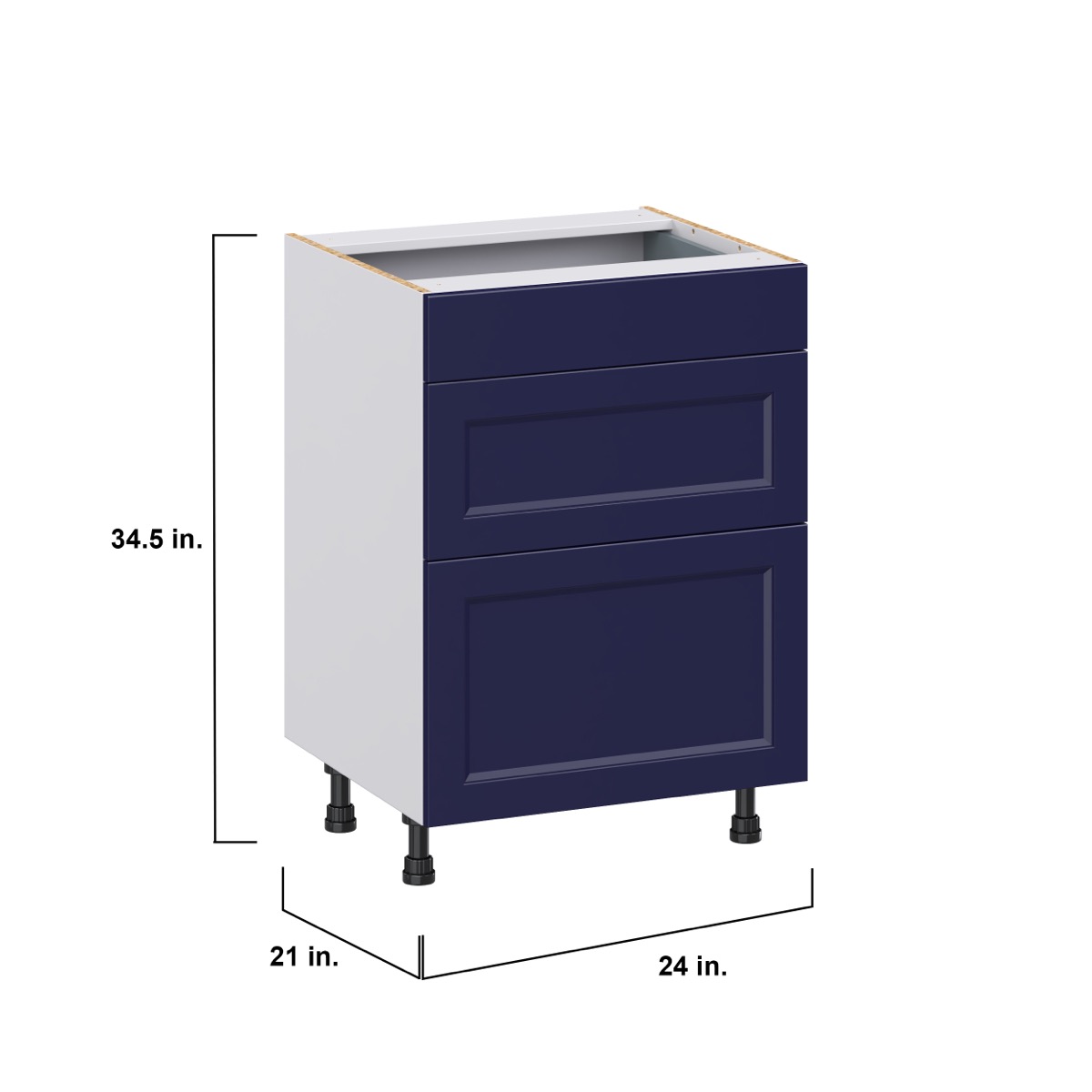 Devon Painted Blue Recessed Assembled 24 in. W x 34.5 in. H x 21 in. D Vanity 3 Drawers Base Kitchen Cabinet